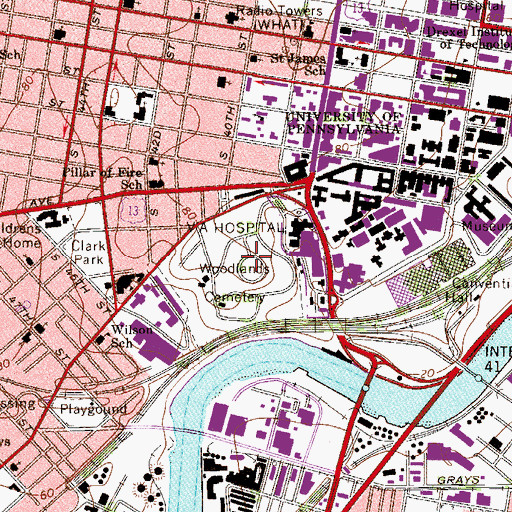 Topographic Map of Woodlands Cemetery, PA