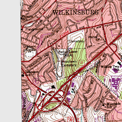 Topographic Map of Woodlawn Cemetery, PA