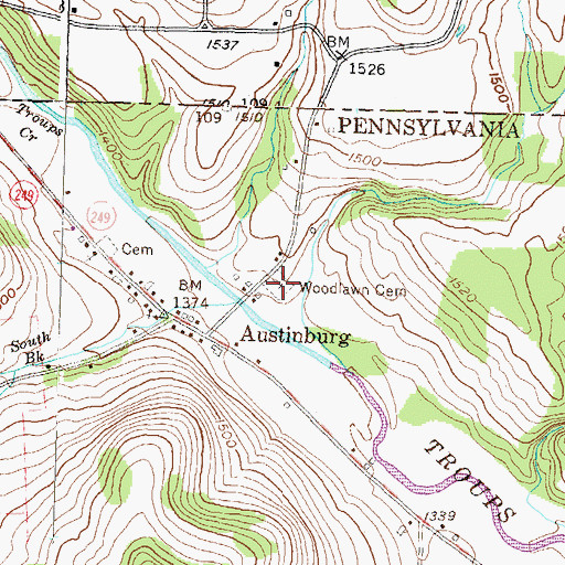 Topographic Map of Woodlawn Cemetery, PA