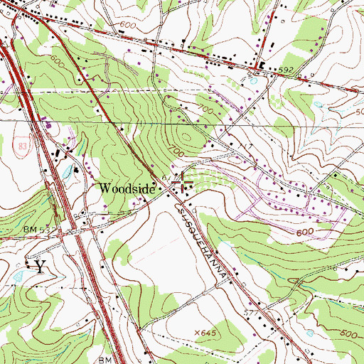 Topographic Map of Woodside, PA