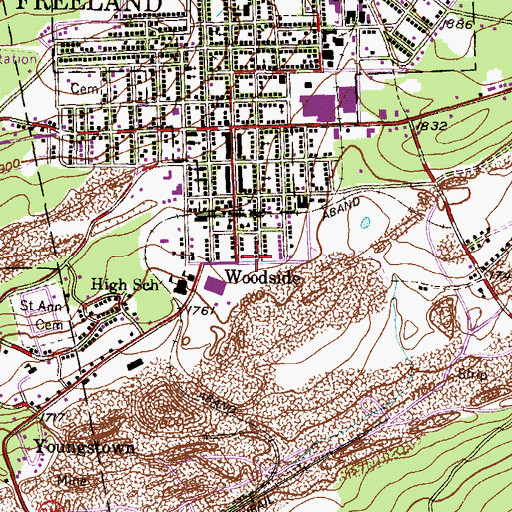 Topographic Map of Woodside, PA