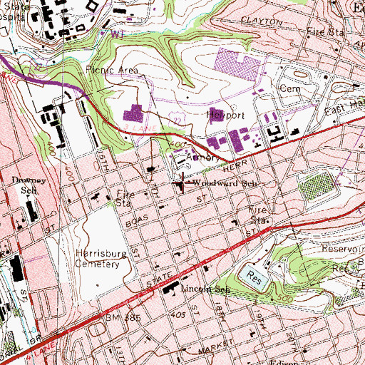 Topographic Map of Woodward School, PA