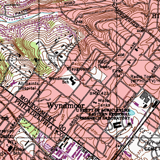 Topographic Map of Wyndmoor School, PA