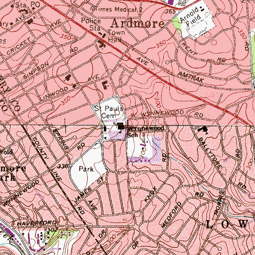 Topographic Map of Wynnewood School, PA
