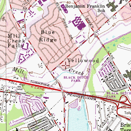 Topographic Map of Yellowood, PA
