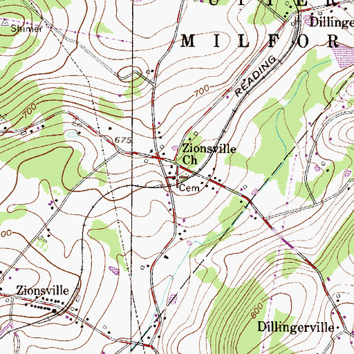 Topographic Map of Zionsville Church, PA
