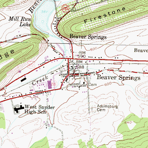 Topographic Map of Beaver Springs, PA