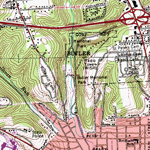 Topographic Map of Butler Memorial Park, PA