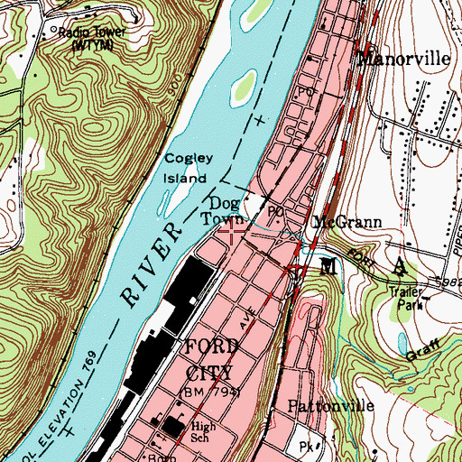 Topographic Map of Dog Town, PA