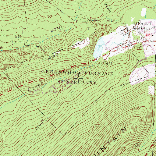 Topographic Map of Greenwood Furnace State Park, PA