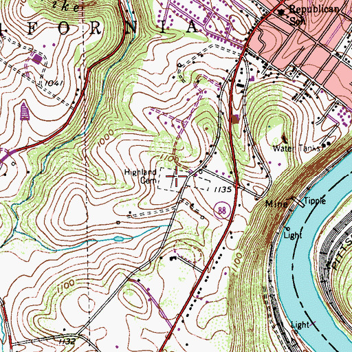 Topographic Map of Highland Cemetery, PA