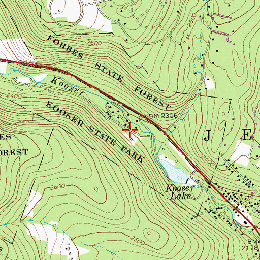 Topographic Map of Kooser State Park, PA