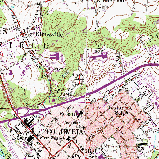 Topographic Map of Laurel Hill Memorial Gardens, PA
