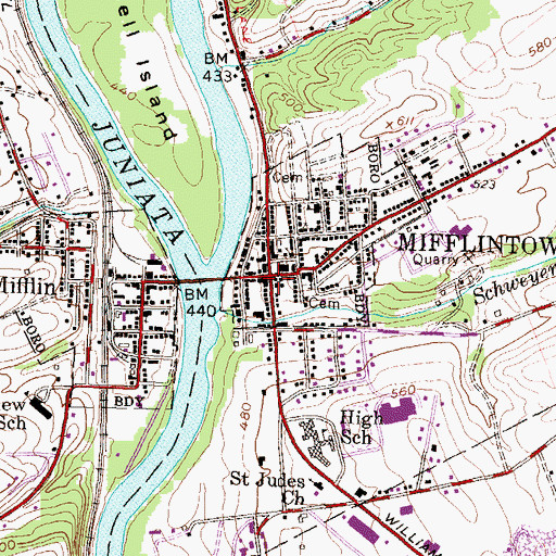 Topographic Map of Mifflintown, PA