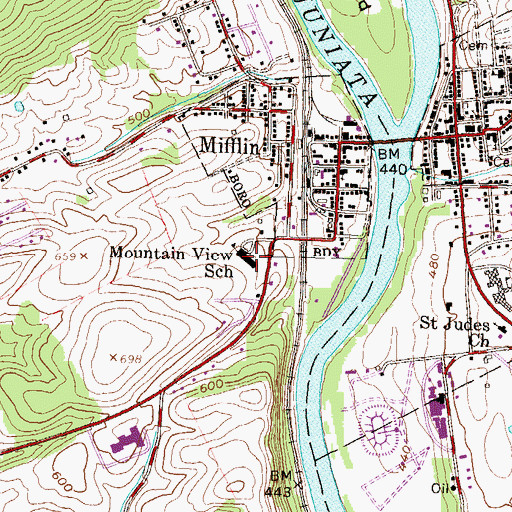 Topographic Map of Mountain View School, PA