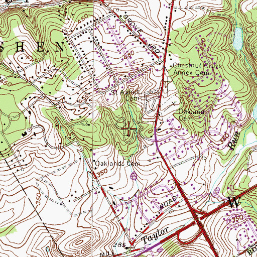 Topographic Map of The Oaklands Cemetery, PA