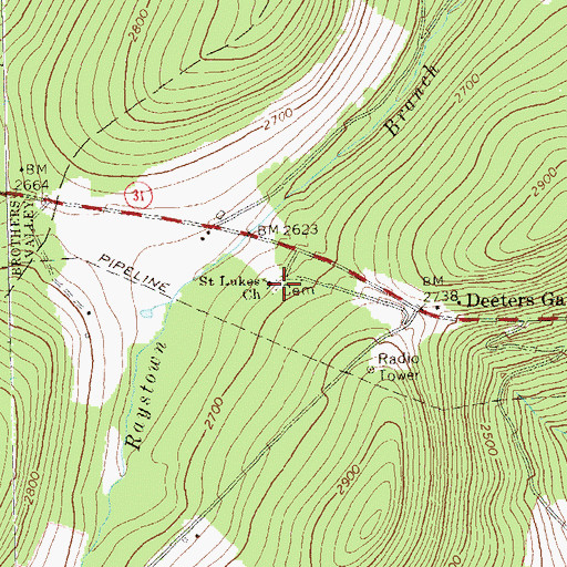 Topographic Map of Saint Lukes Church, PA