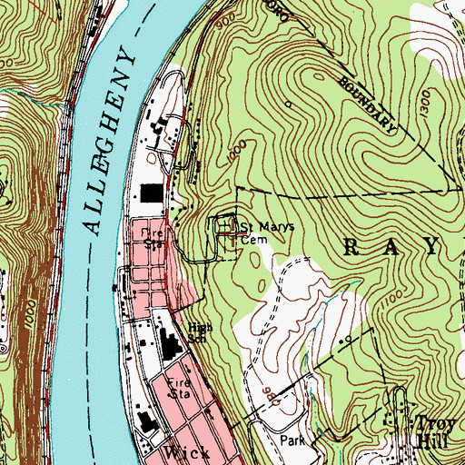 Topographic Map of Saint Marys Cemetery, PA