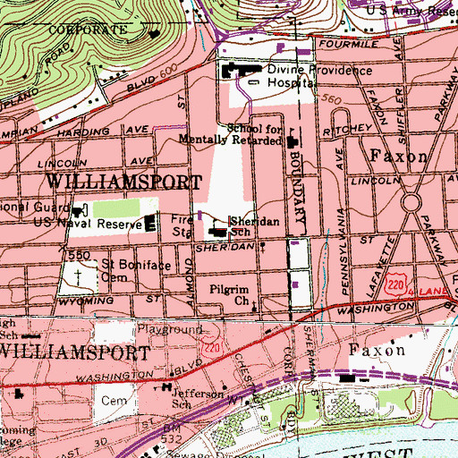 Topographic Map of Sheridan School, PA
