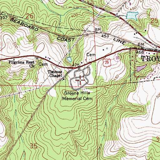 Topographic Map of Greene Hills Memorial Cemetery, AL