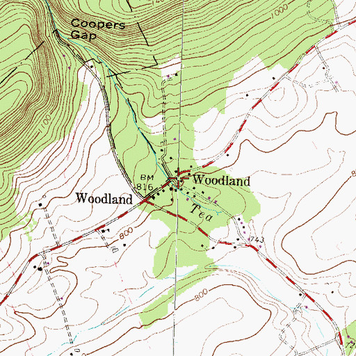 Topographic Map of Woodland, PA