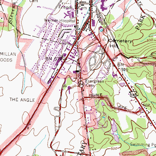 Topographic Map of Warner Hospital Airport, PA