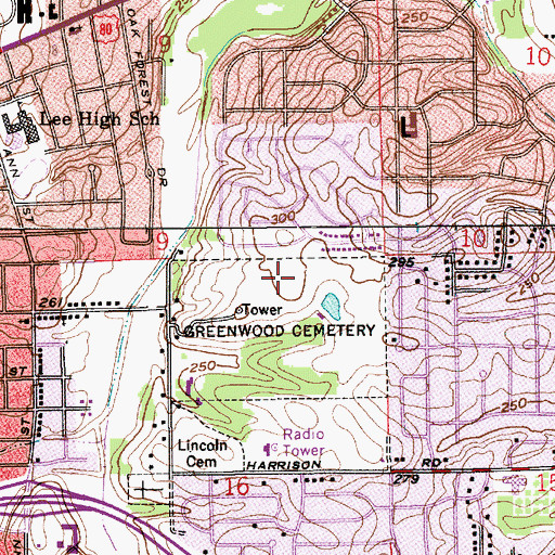 Topographic Map of Greenwood Cemetery, AL
