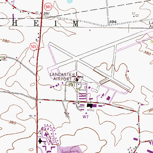 Topographic Map of Lancaster Airport, PA