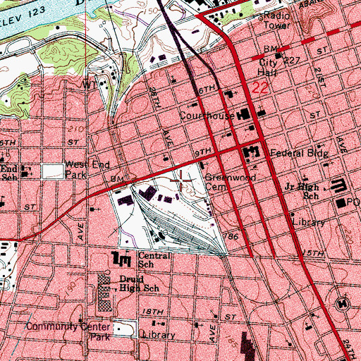 Topographic Map of Greenwood Cemetery, AL