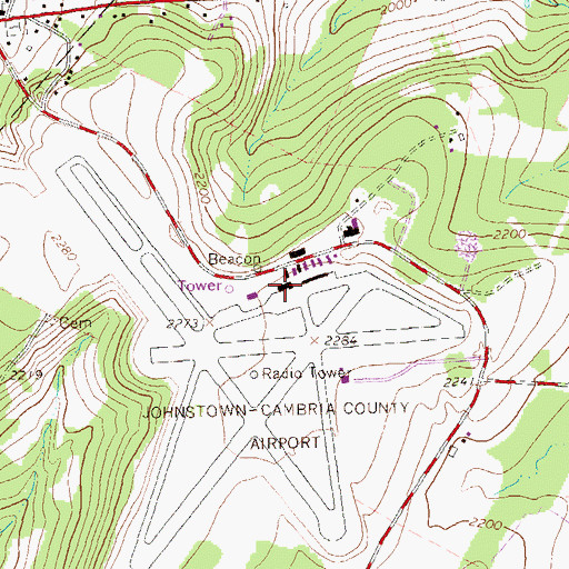 Topographic Map of John Murtha Johnstown-Cambria County Airport, PA