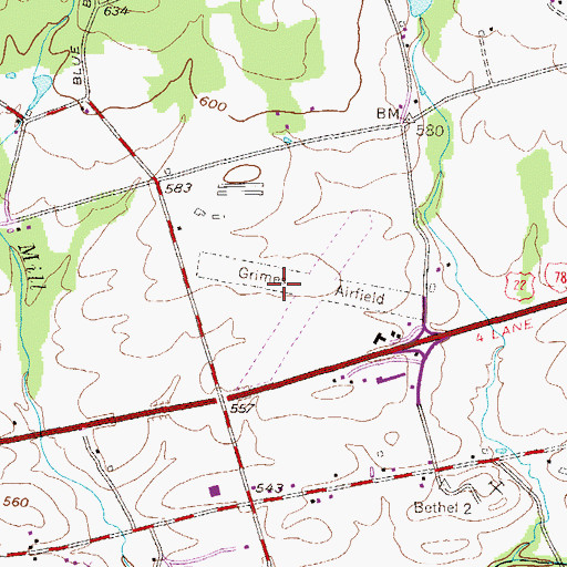 Topographic Map of Grimes Airport, PA