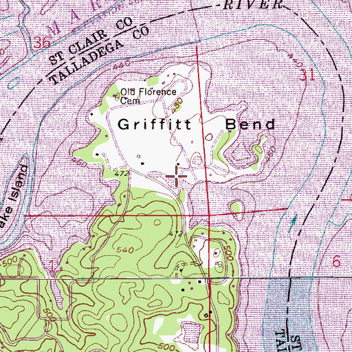 Topographic Map of Griffitt Bend, AL