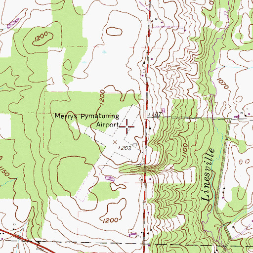 Topographic Map of Merrys Pymatuning Airport, PA