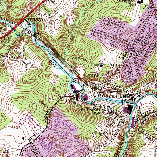 Topographic Map of Lenni Lake, PA