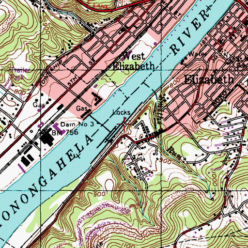 Topographic Map of Monongahela River Locks and Dam Three, PA