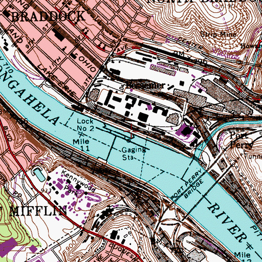 Topographic Map of Monongahela River Locks and Dam Two, PA