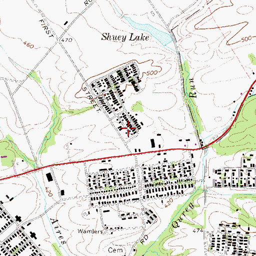 Topographic Map of Shuey Lake Dam, PA