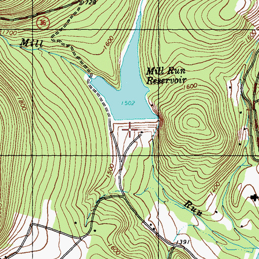 Topographic Map of Mill Run Dam, PA