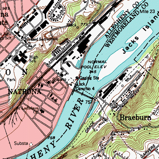 Topographic Map of Allegheny River Lock and Dam Four, PA
