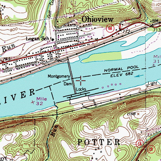 Topographic Map of Montgomery Locks and Dam, PA