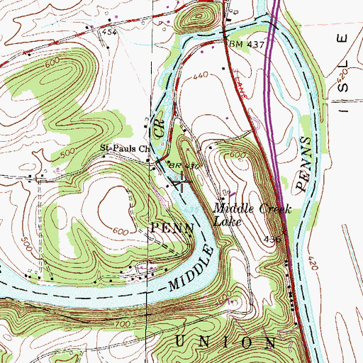 Topographic Map of Mussers Dam, PA