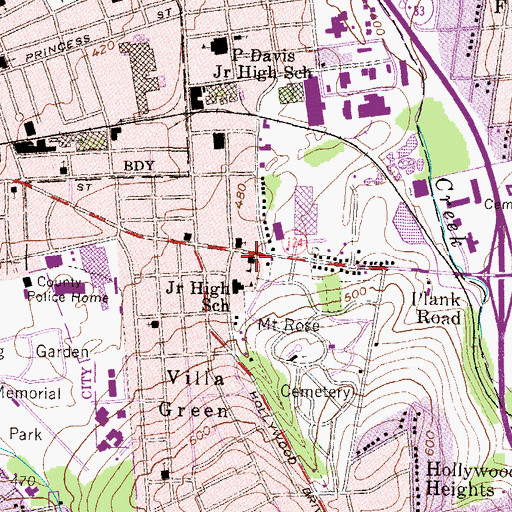 Topographic Map of Mount Rose Elementary School (historical), PA