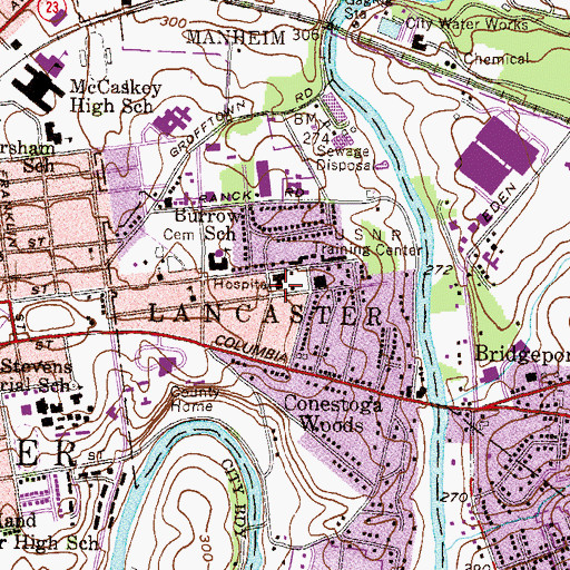 Topographic Map of Lancaster Osteopathic Hospital (historical), PA
