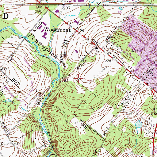 Topographic Map of Woodside, PA