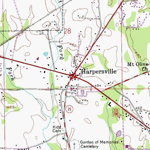 Topographic Map of Harpersville, AL