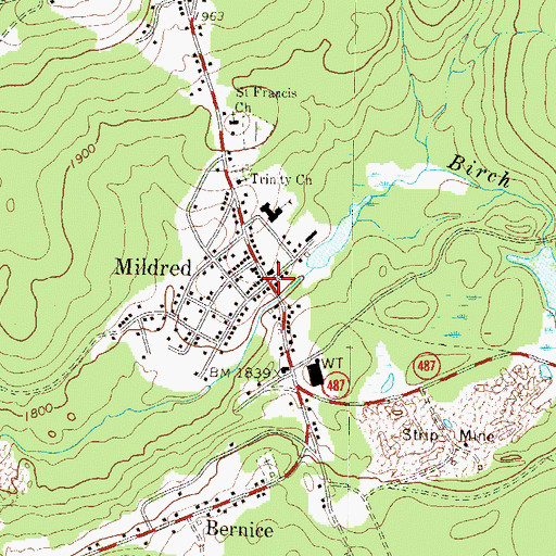 Topographic Map of Mildred, PA