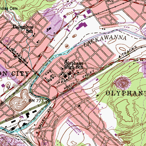 Topographic Map of Olyphant High School, PA
