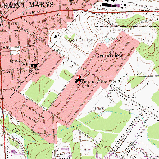 Topographic Map of Queen of the World School, PA