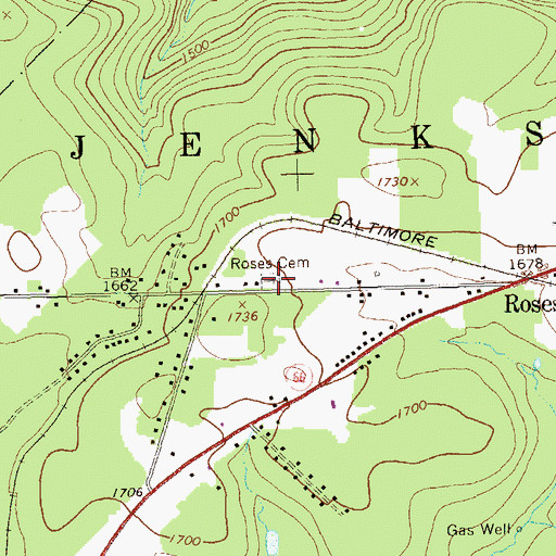 Topographic Map of Roses Cemetery, PA