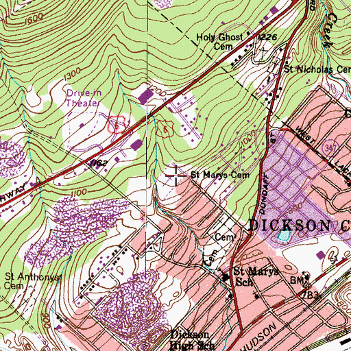 Topographic Map of Saint Marys Cemetery, PA